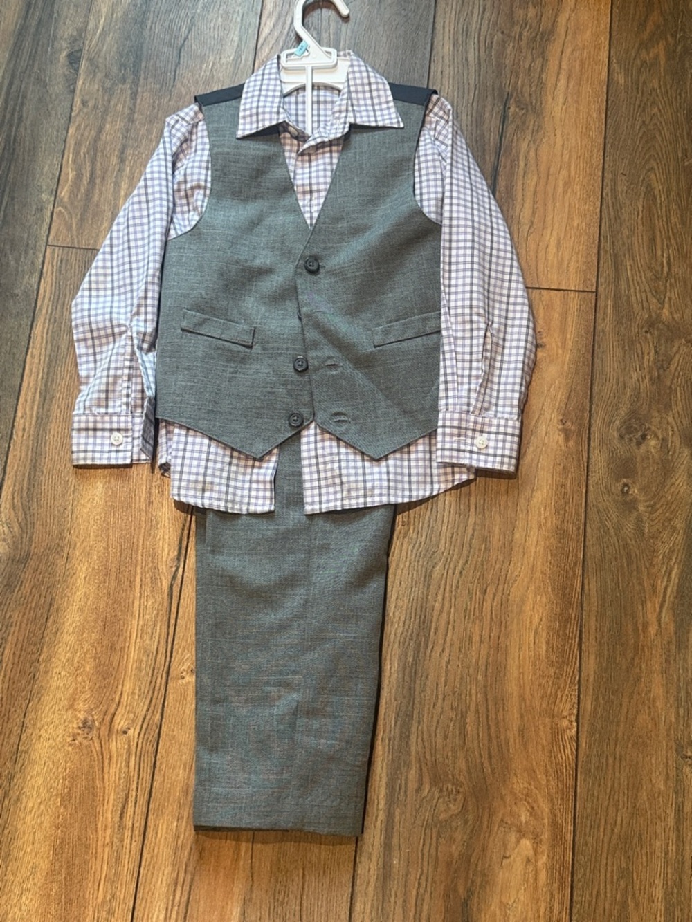 Boys Gray Dress Vest & Pants Set with Plaid Shirt